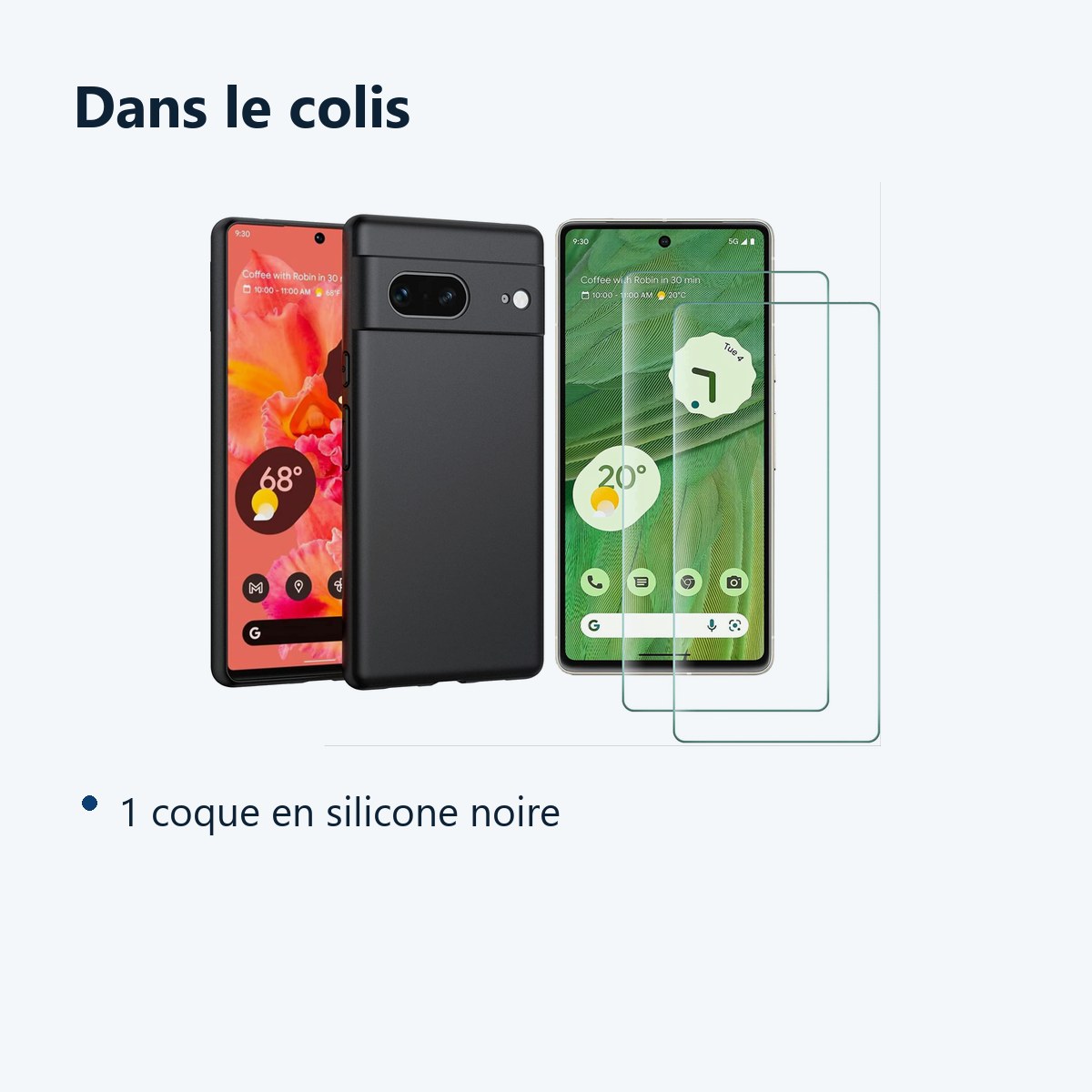 Contenu du colis – Coque Silicone Noire + 2 Vitres Protection Ecran Pour Google Pixel 7 5G