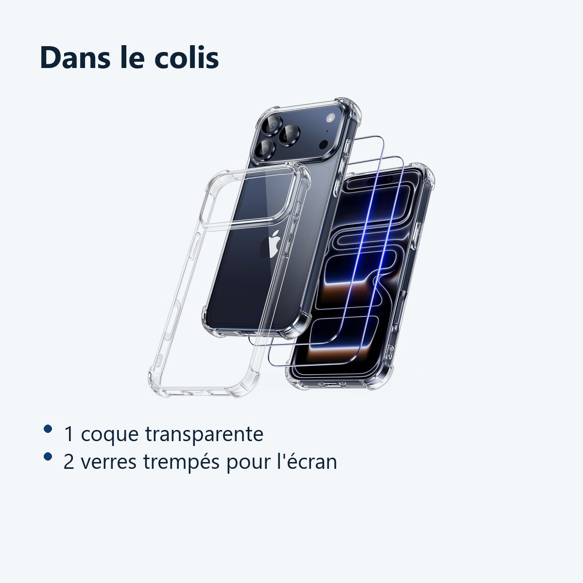 Contenu du colis – Coque Transparente Antichoc Angles Renforcés pour Apple iPhone 17 Pro Max + 2 Verres Trempés –