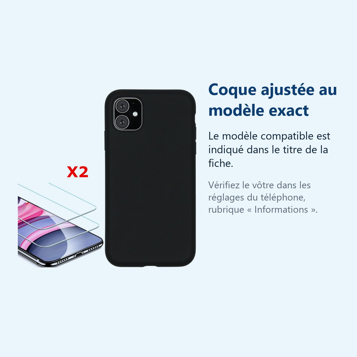 Accessoire ajusté au modèle exact – Coque Silicone pour iPhone 11 Noir Antichoc + 2 Verres Trempes