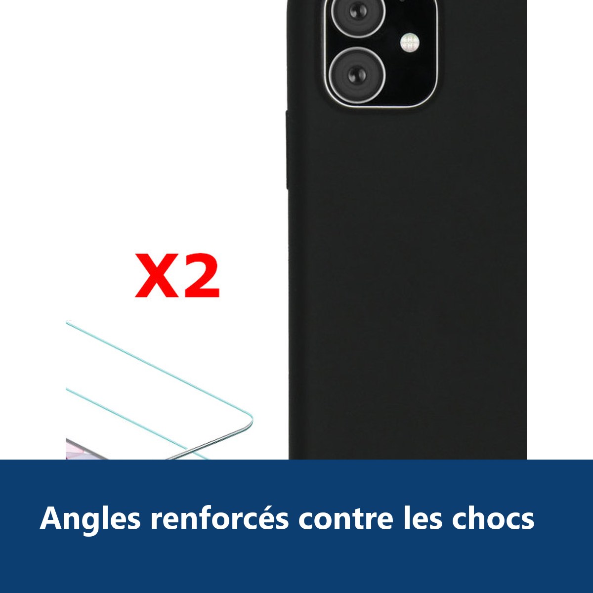 Vue de détail – Coque Silicone pour iPhone 11 Noir Antichoc + 2 Verres Trempes