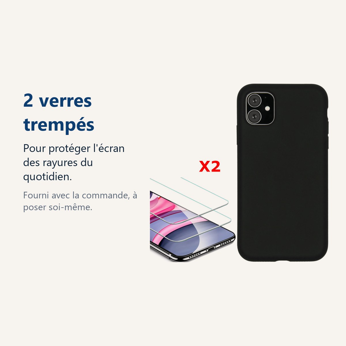 Verre trempé pour protéger lécran – Coque Silicone pour iPhone 11 Noir Antichoc + 2 Verres Trempes