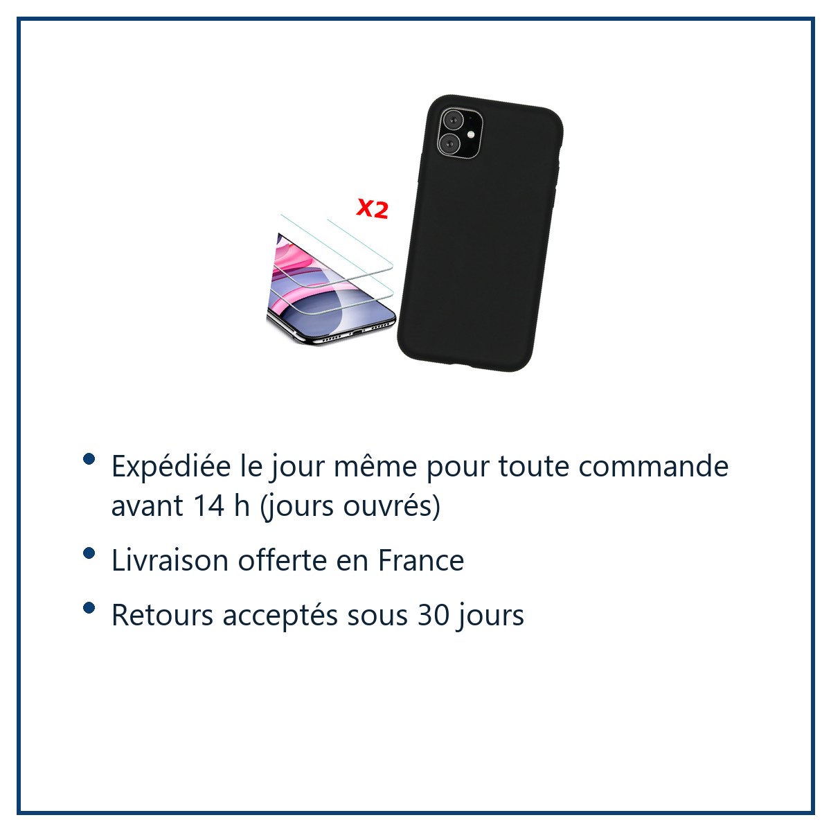 Expédition le jour même, livraison offerte, retours sous 30 jours – Coque Silicone pour iPhone 11 Noir Antichoc + 2 Verres Tr