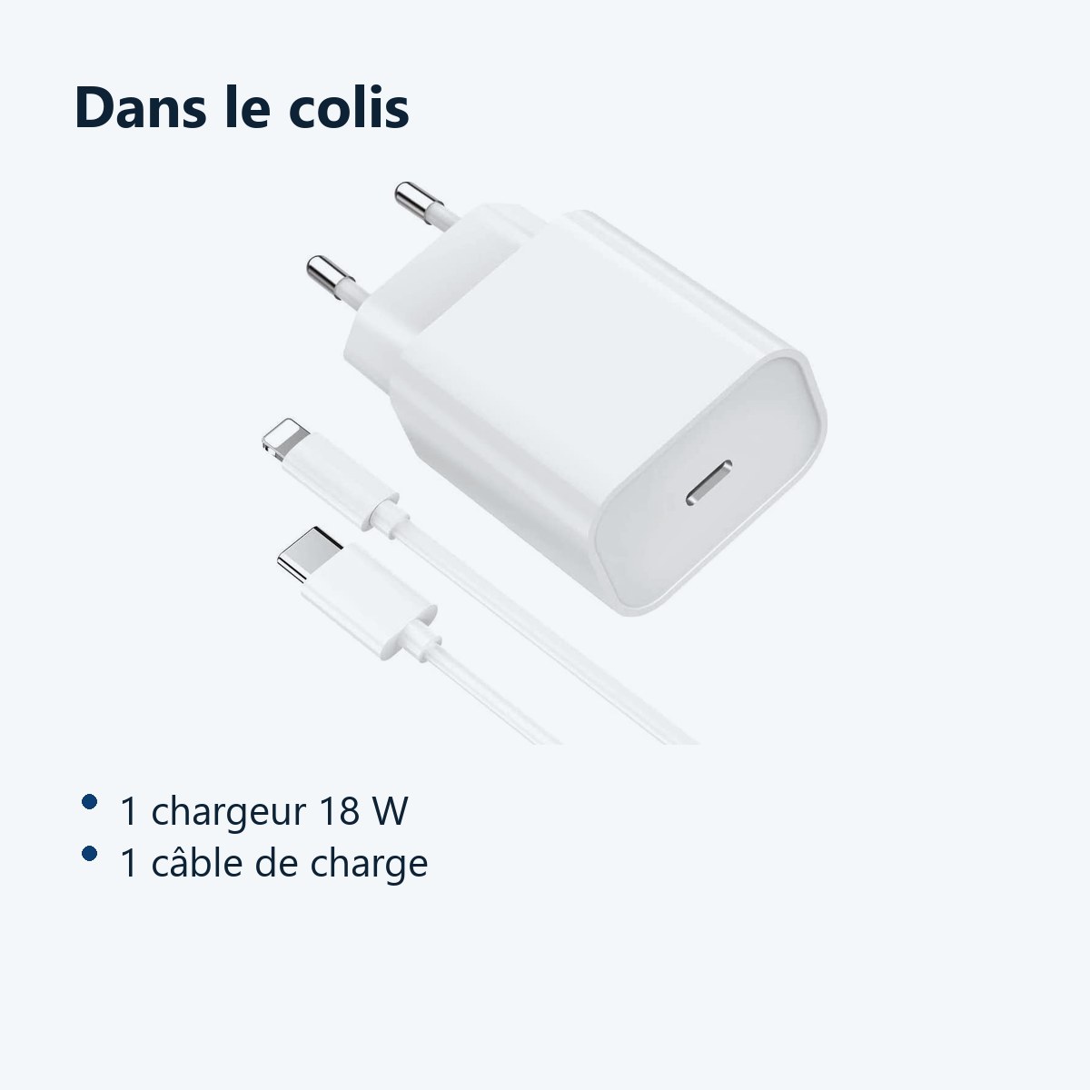 Contenu du colis – Chargeur Rapide 18W + Cable USB-C Lightning pour iPhone 12 / 12 PRO / 12 PRO MAX / 11 / 11 PRO / 11 PRO MA