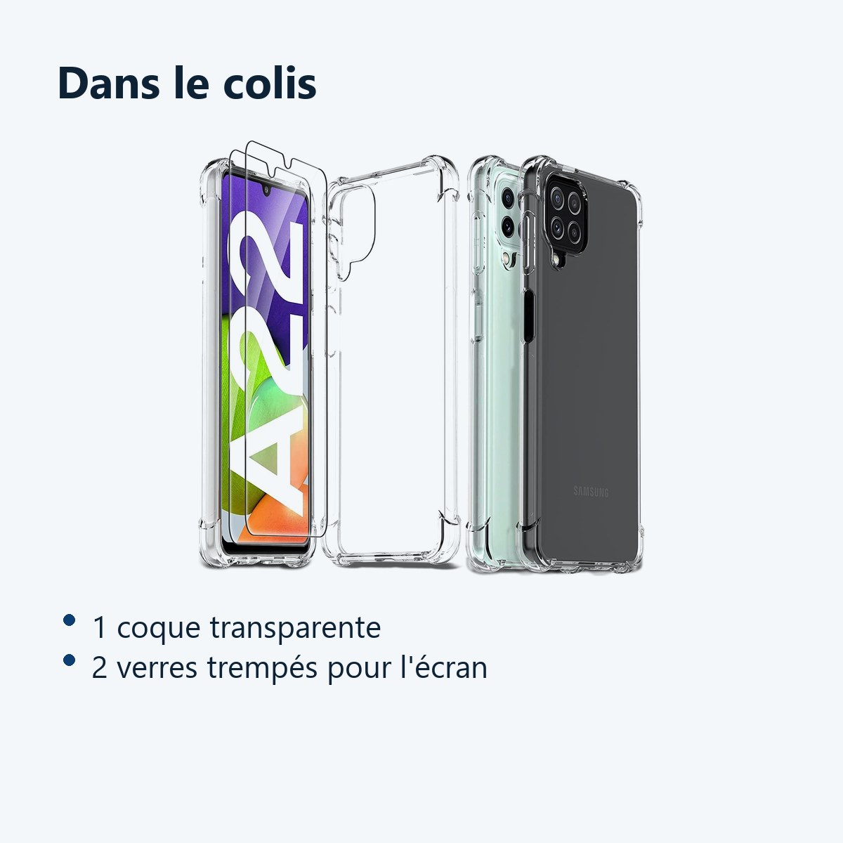 Contenu du colis – Coque Silicone Transparente Quatre Coins Renforces + 2 Verres Trempes Pour Samsung A22 4G