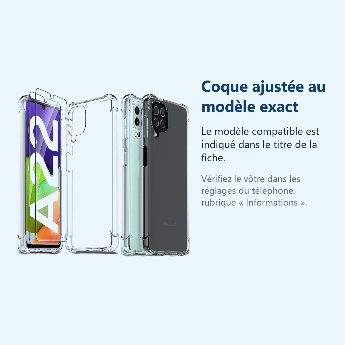 Accessoire ajusté au modèle exact – Coque Silicone Transparente Quatre Coins Renforces + 2 Verres Trempes Pour Samsung A22 4