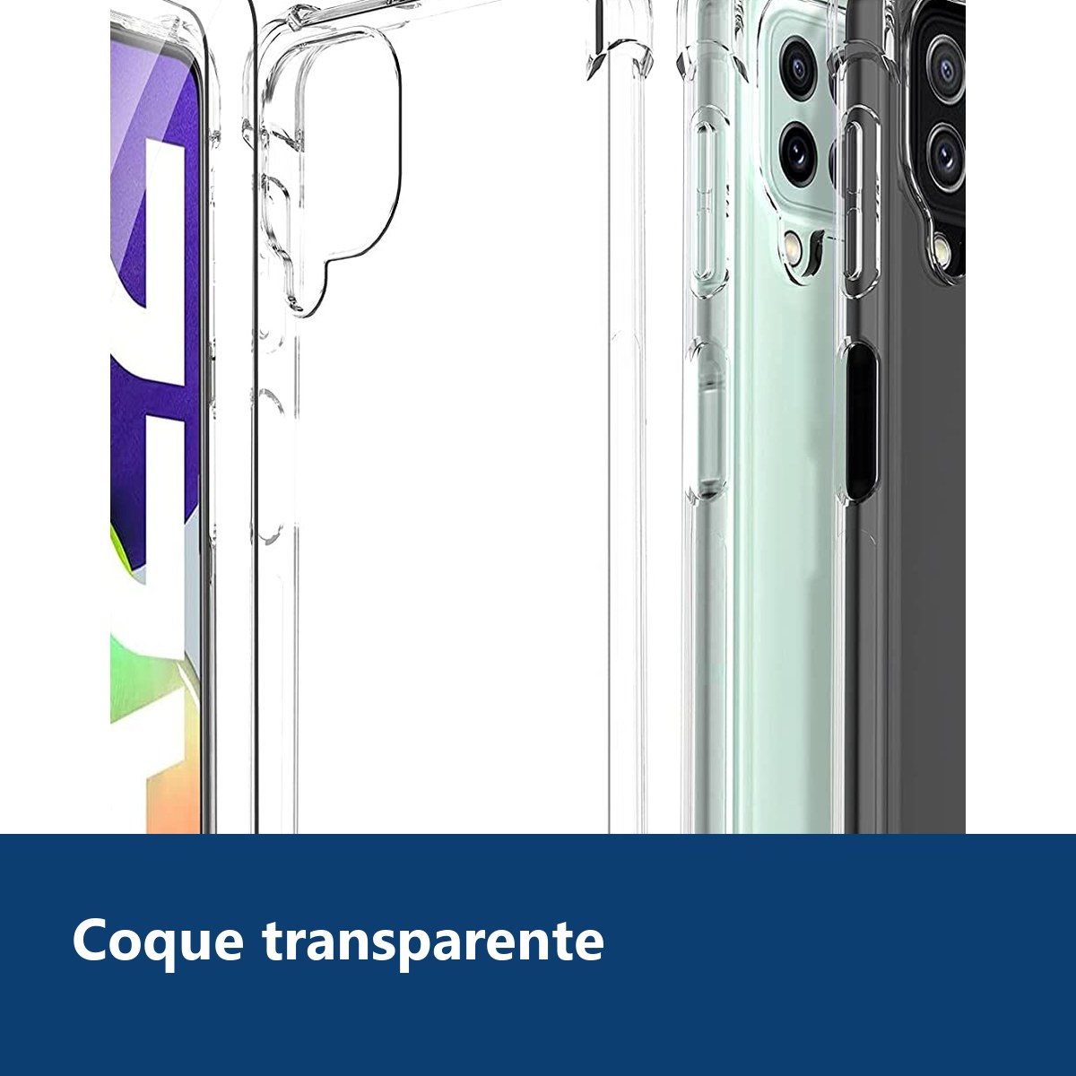 Vue de détail – Coque Silicone Transparente Quatre Coins Renforces + 2 Verres Trempes Pour Samsung A22 4G