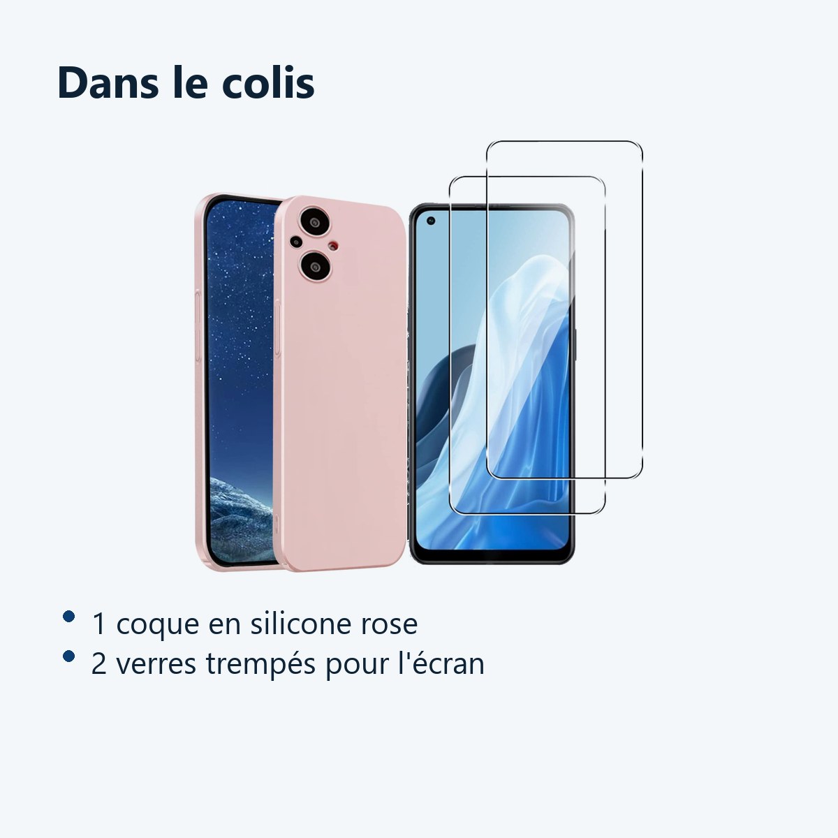 Contenu du colis – Coque Silicone Couleur Rose + 2 Verres Trempes Pour Oppo Reno 8 Lite 5G