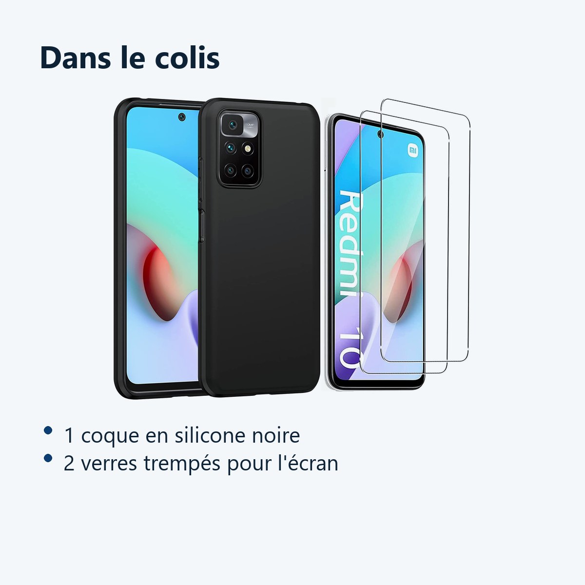 Contenu du colis – Coque Silicone Noire + 2 Verres Trempes Pour Xiaomi Redmi 10