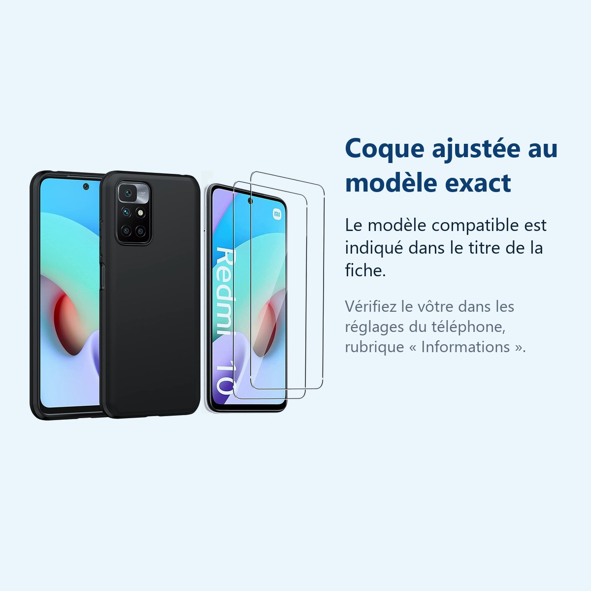 Accessoire ajusté au modèle exact – Coque Silicone Noire + 2 Verres Trempes Pour Xiaomi Redmi 10