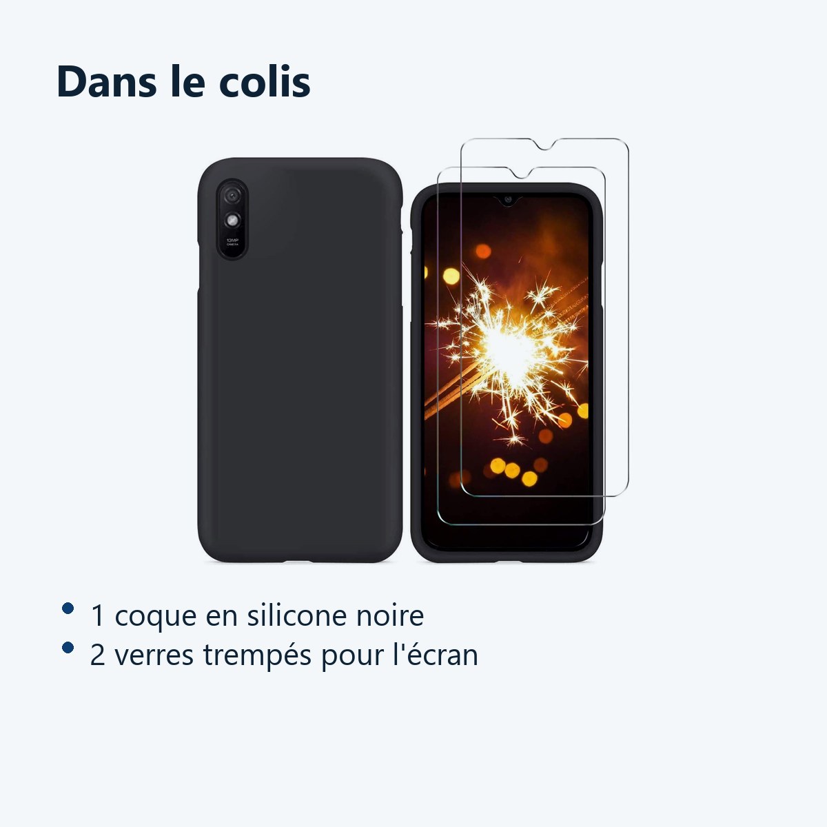Contenu du colis – Coque Silicone Noir + 2 Verres Trempes Pour Xiaomi Redmi 9A