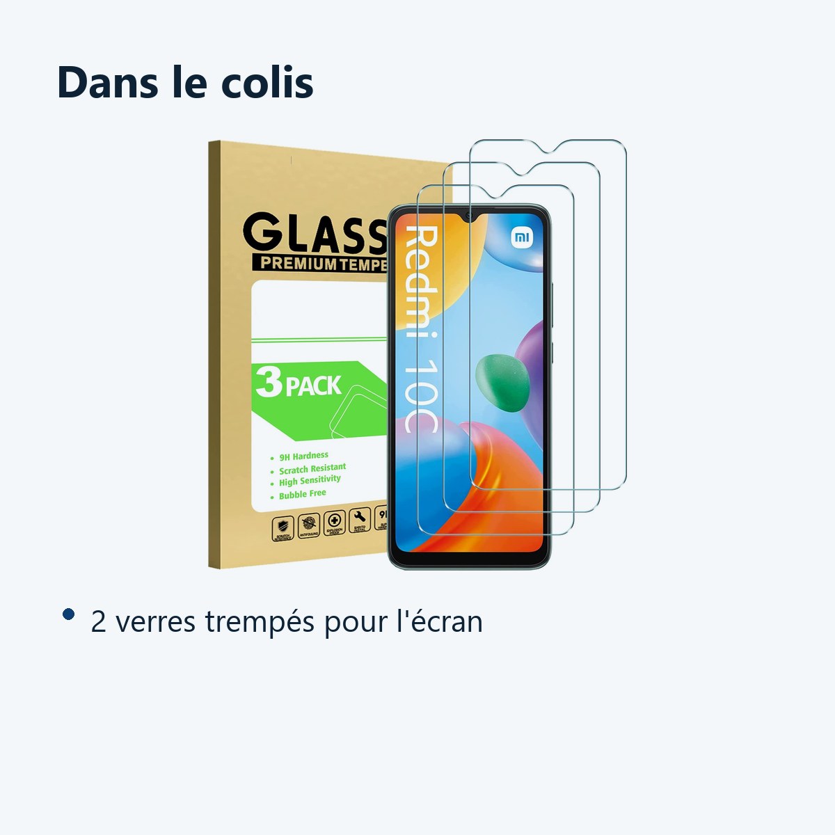 Contenu du colis – 3x Films Verres Trempes Pour Xiaomi Redmi 10C
