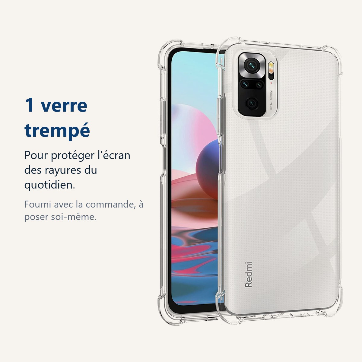 Verre trempé pour protéger lécran – Coque Silicone Transparente Angles Renforces + Verre Trempe Pour Xiaomi Redmi Note 10 4G
