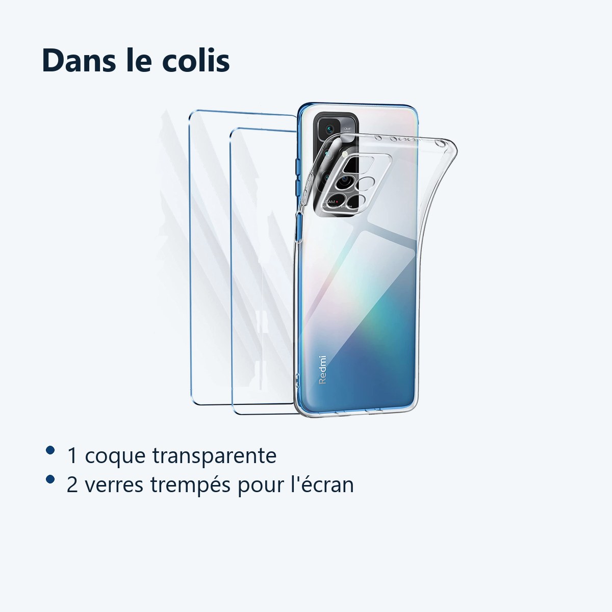 Contenu du colis – Coque Silicone Transparente + 2 Verres Trempes Pour Xiaomi Redmi 10