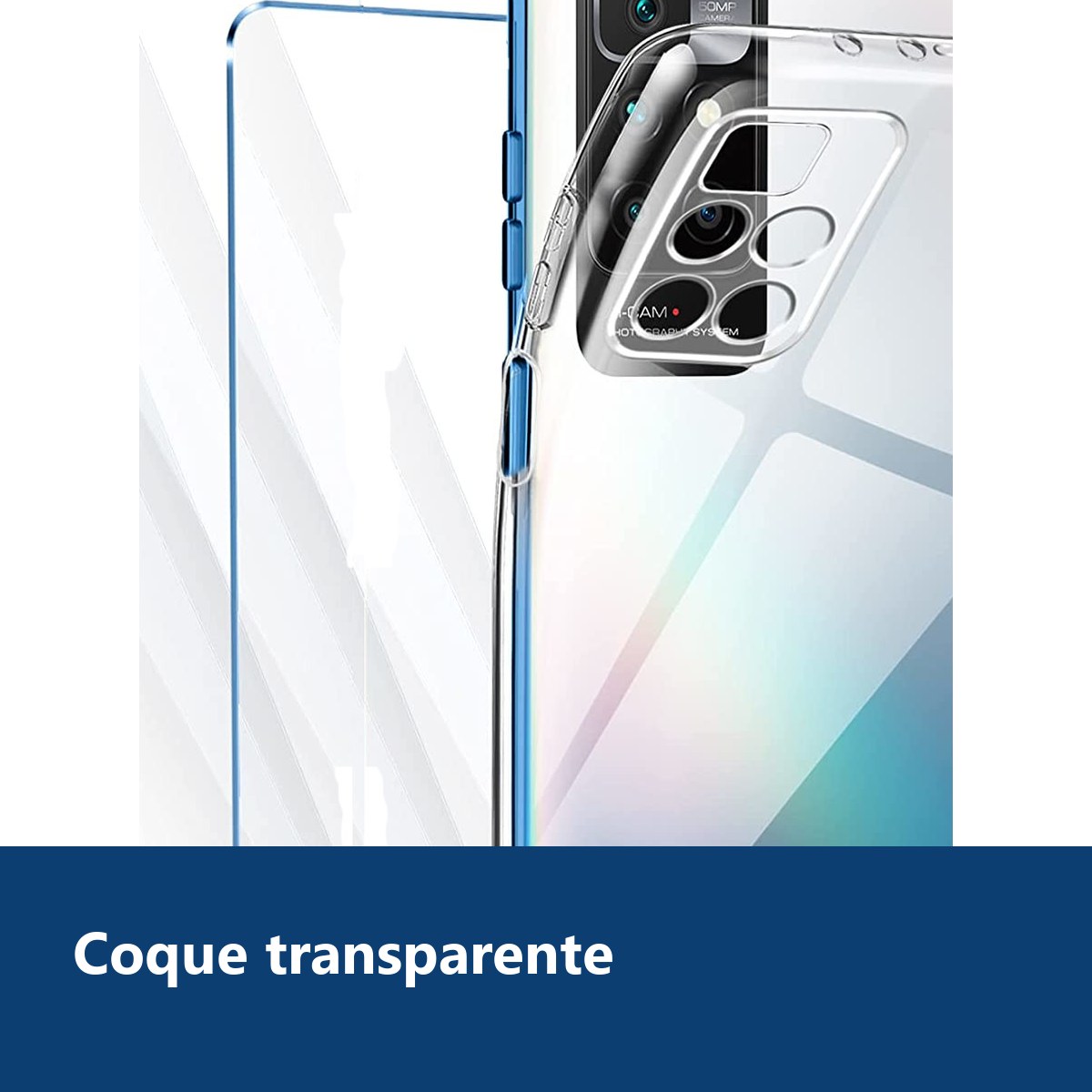 Vue de détail – Coque Silicone Transparente + 2 Verres Trempes Pour Xiaomi Redmi 10