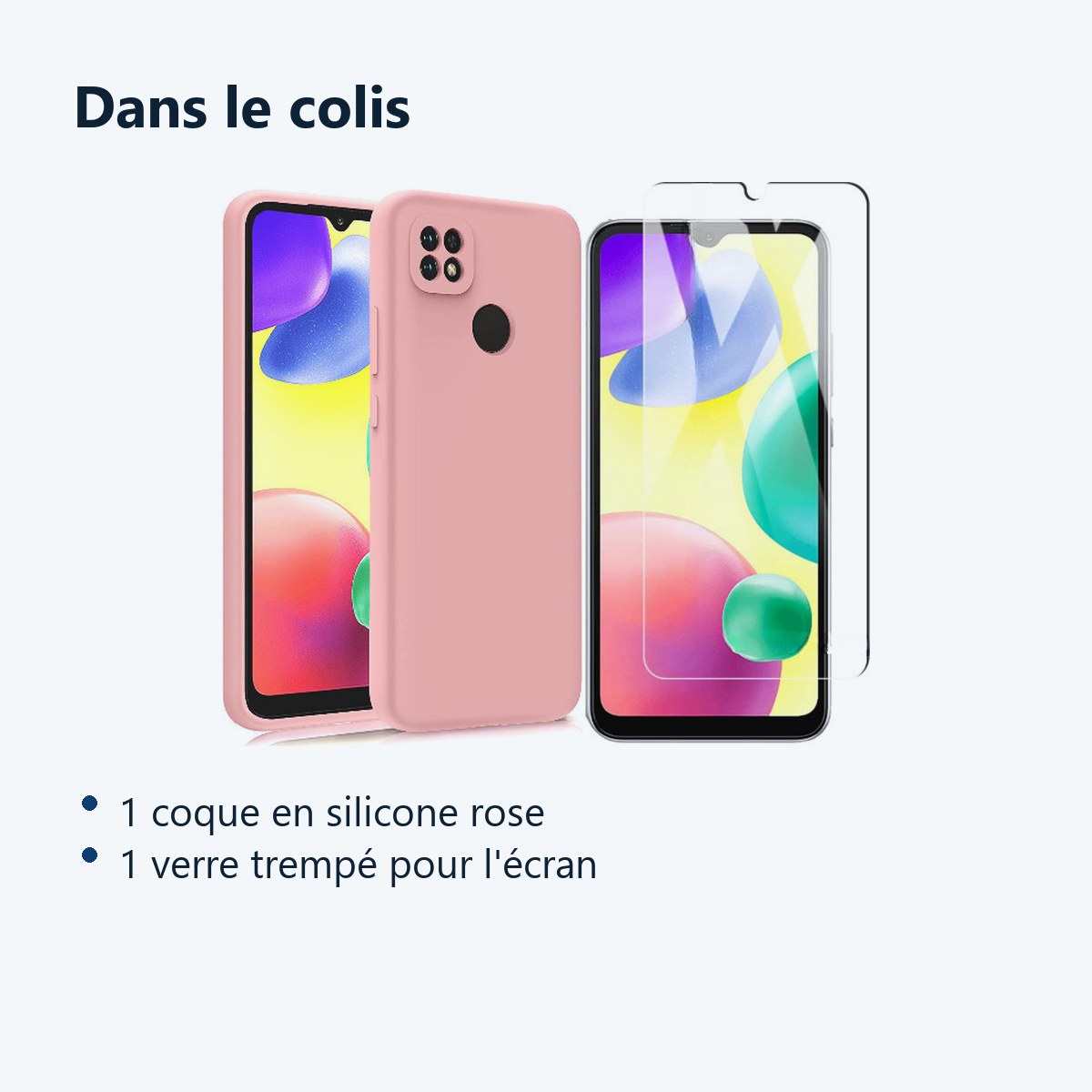 Contenu du colis – Coque Pour Xiaomi Redmi 10A Silicone Rose + Verre Trempe