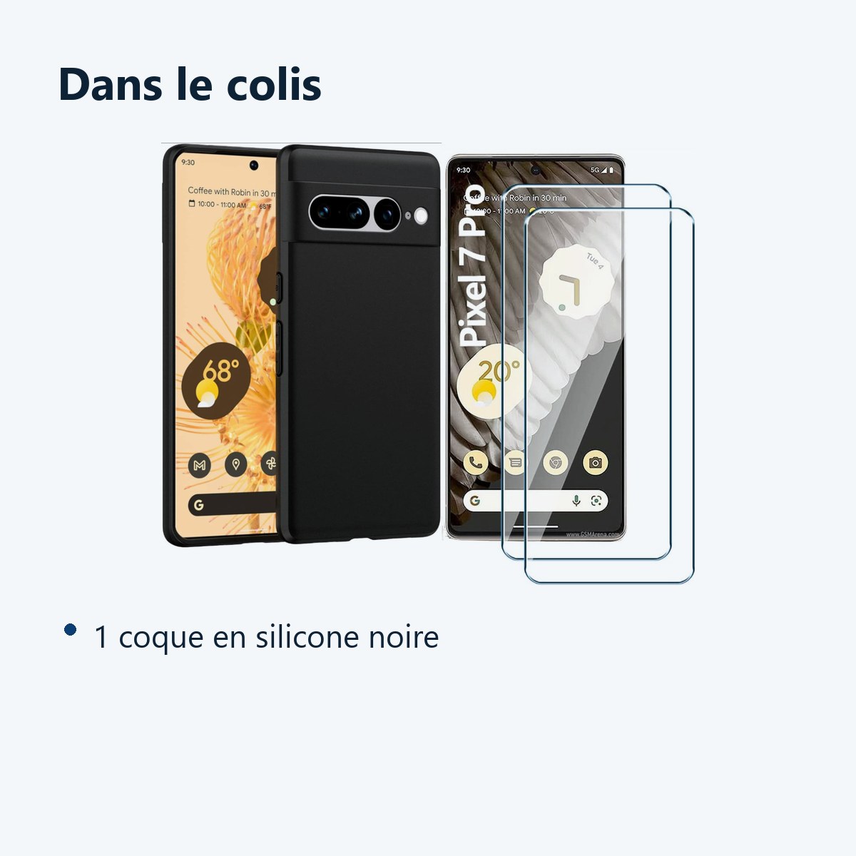 Contenu du colis – Coque Silicone Noire + 2 Vitres Protection Ecran Pour Google Pixel 7 Pro 5G