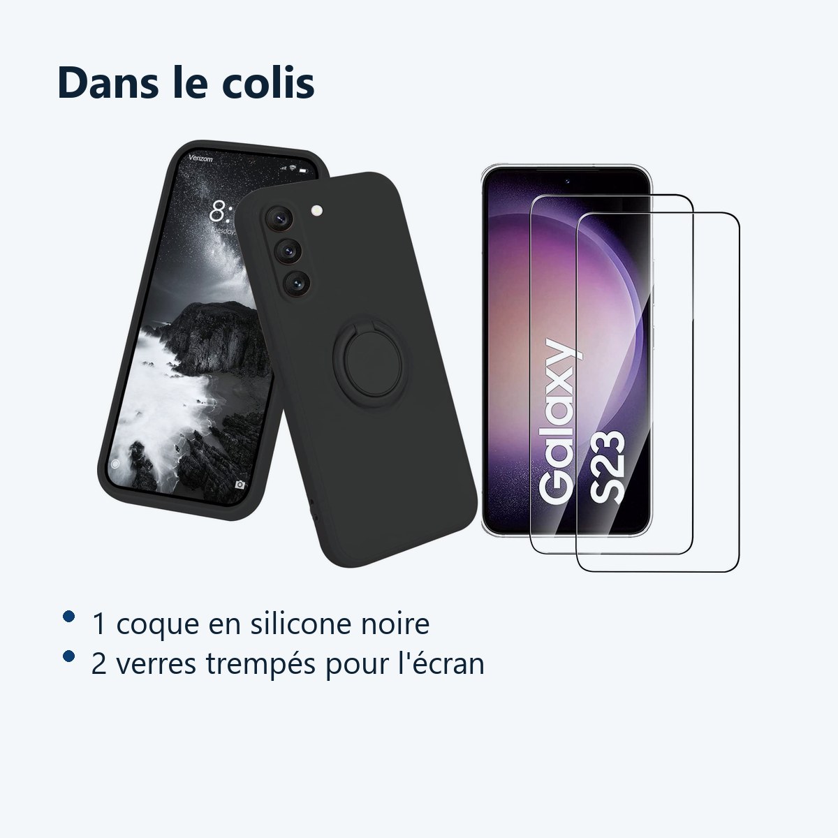 Contenu du colis – Coque Silicone Pour Samsung S23 5G Couleur Noir Avec Anneau Support + 2 Verres Trempe Protection Ecran