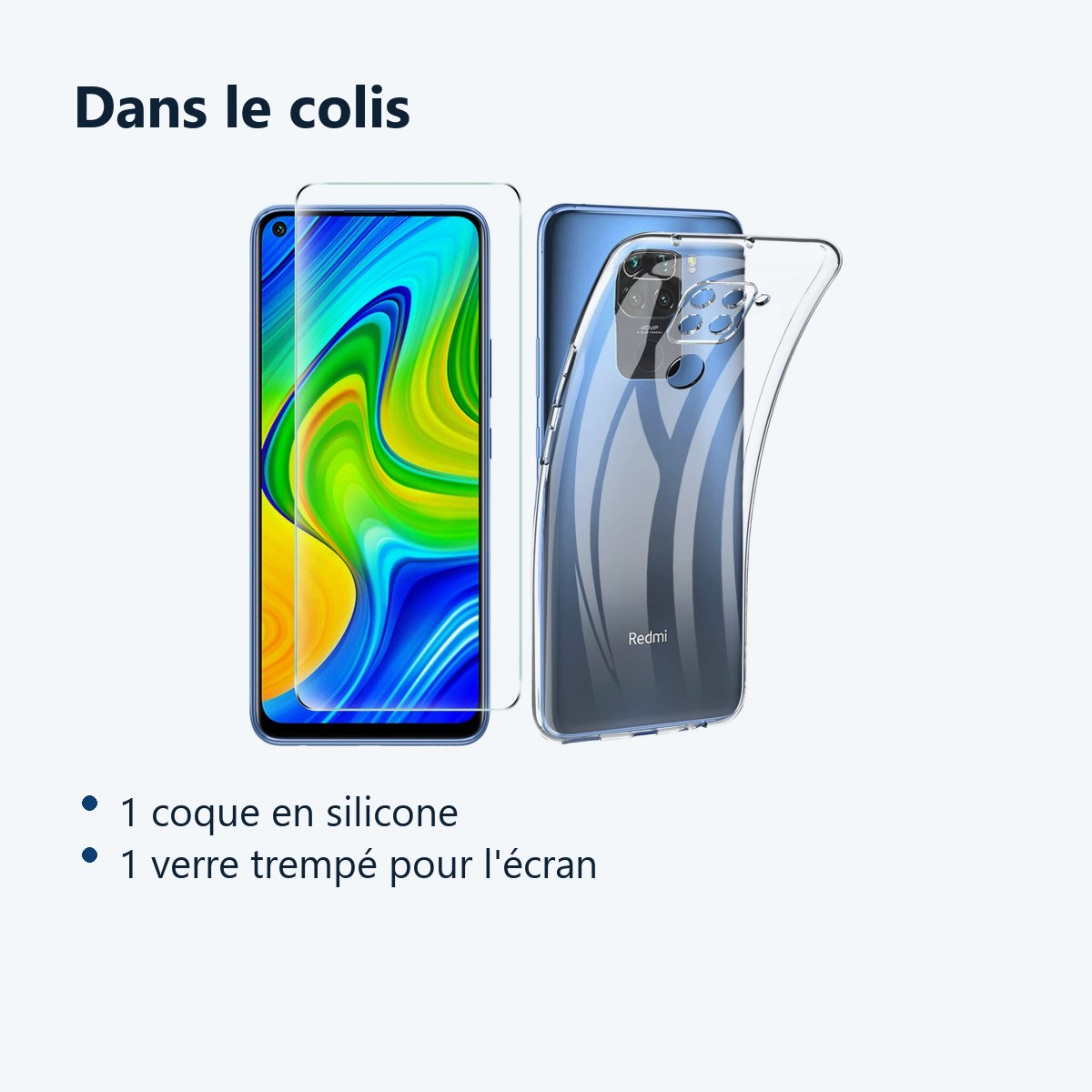 Contenu du colis – Coque Silicone + Verre Trempé pour Xiaomi Redmi Note 9