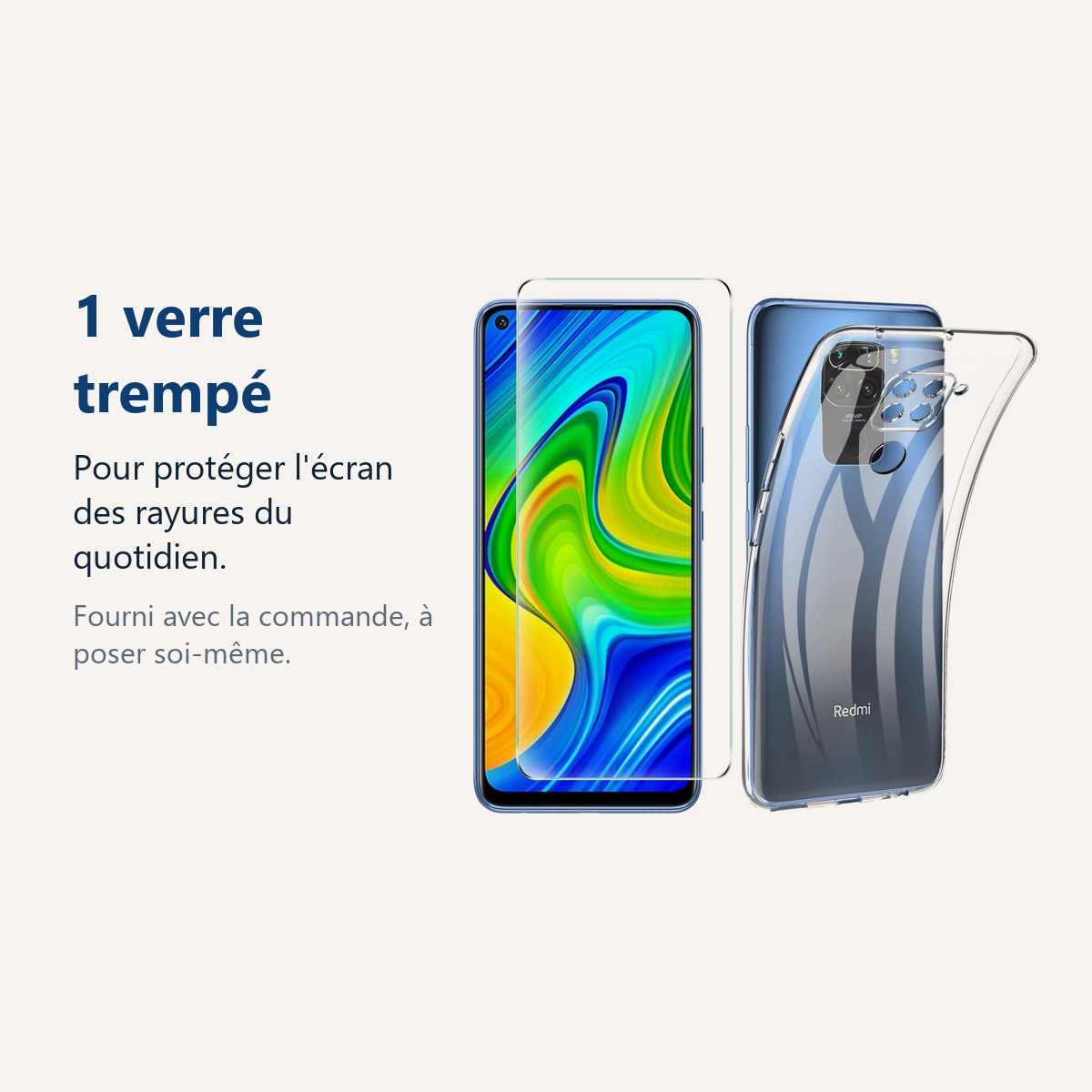 Verre trempé pour protéger lécran – Coque Silicone + Verre Trempé pour Xiaomi Redmi Note 9