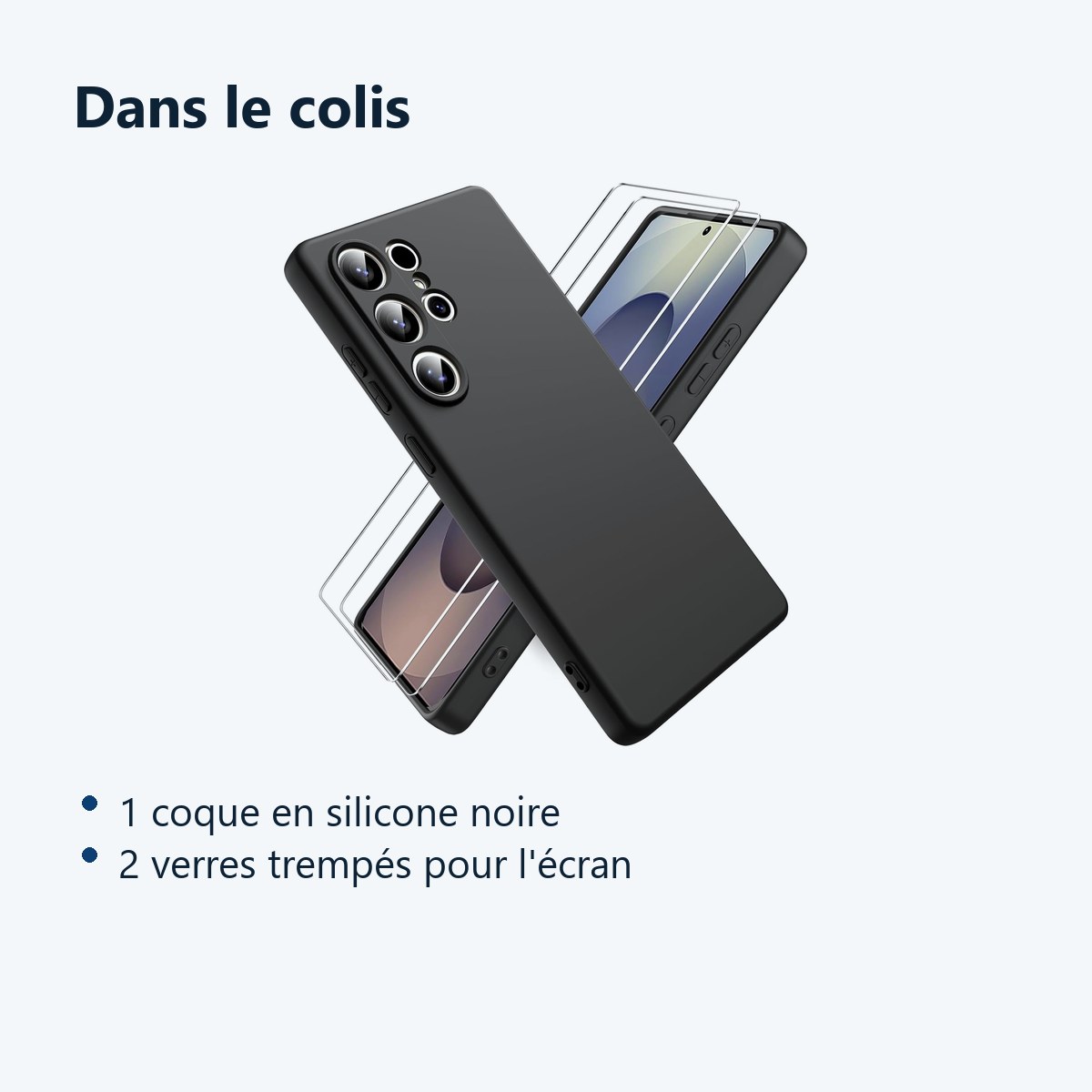 Contenu du colis – Coque Pour Samsung Galaxy S25 Ultra Silicone Noir + 2 Verres Trempes
