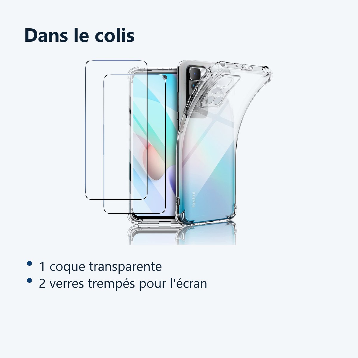 Contenu du colis – Coque Silicone Transparente Quatre Coins Renforces + 2 Verres Trempes Pour Xiaomi Redmi 10