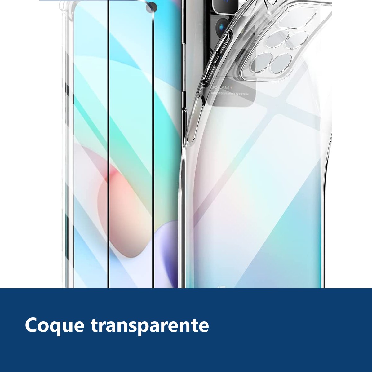 Vue de détail – Coque Silicone Transparente Quatre Coins Renforces + 2 Verres Trempes Pour Xiaomi Redmi 10