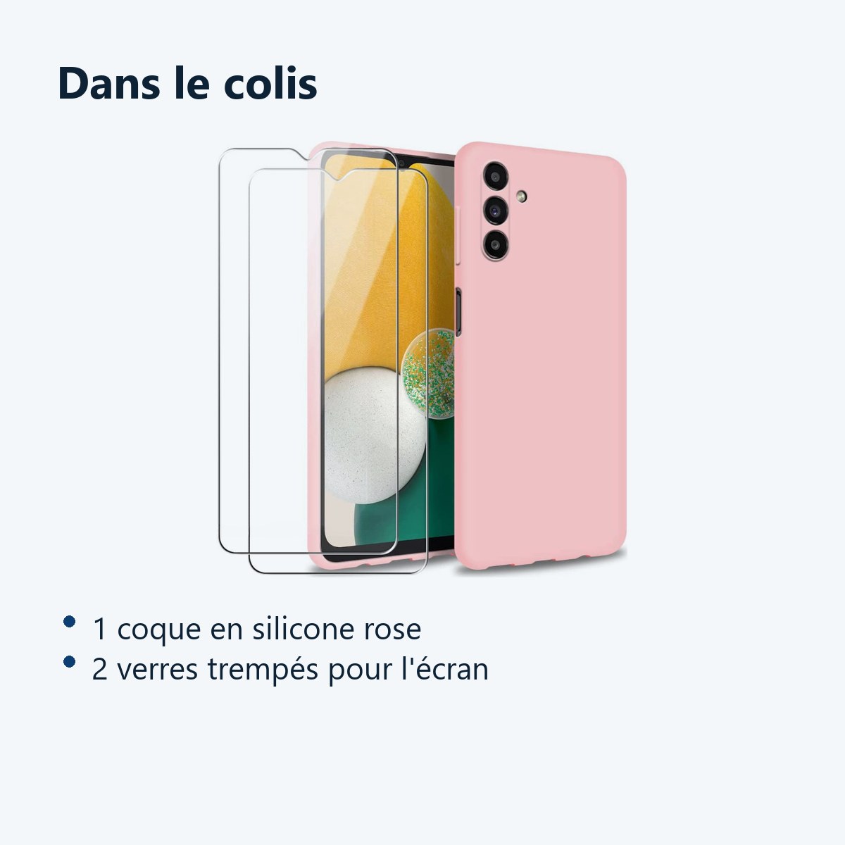 Contenu du colis – Coque Silicone Rose + 2 Verres Trempes Pour Samsung A13 5G