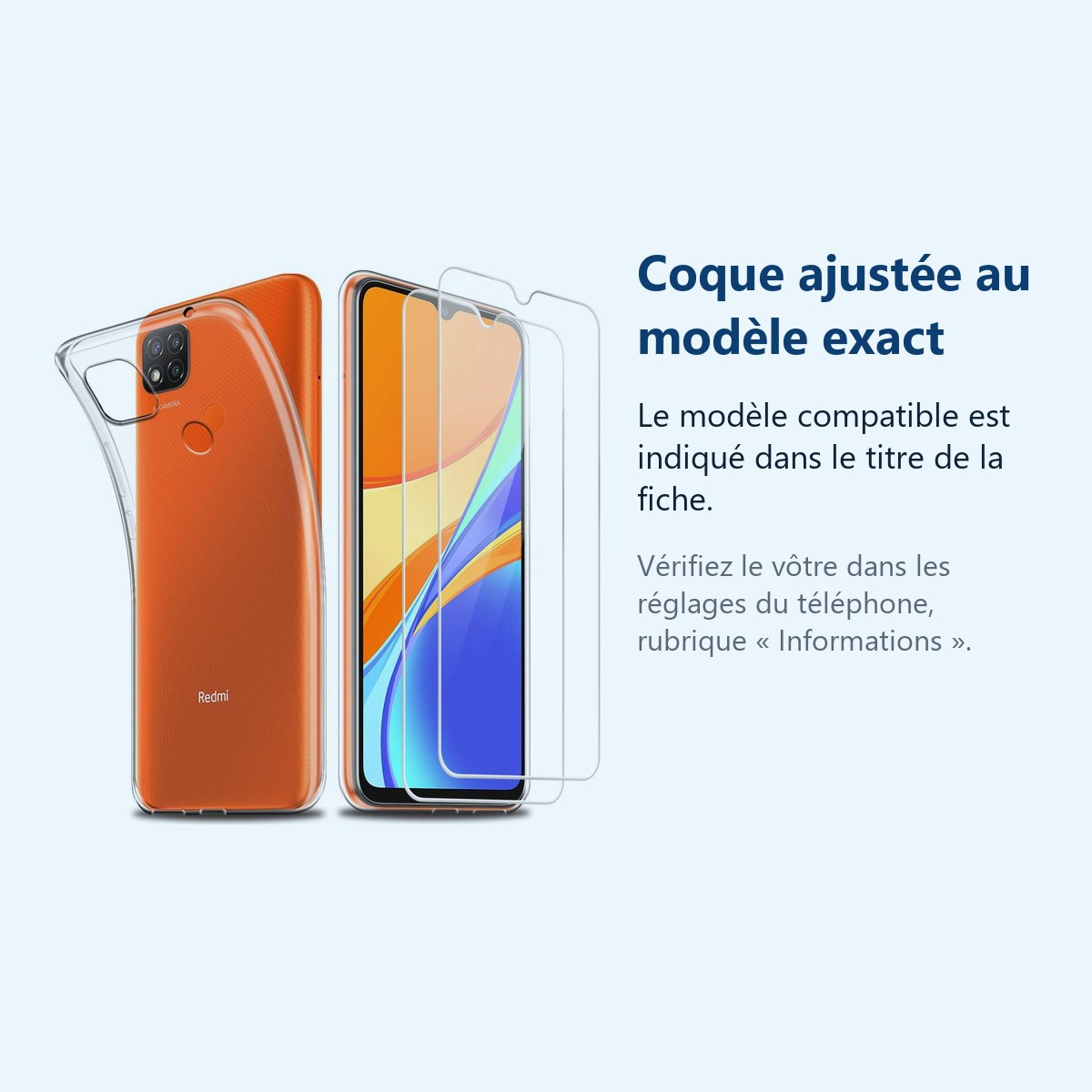 Accessoire ajusté au modèle exact – Coque Silicone Transparente + 2 Verres Trempes Pour Xiaomi Redmi 9C