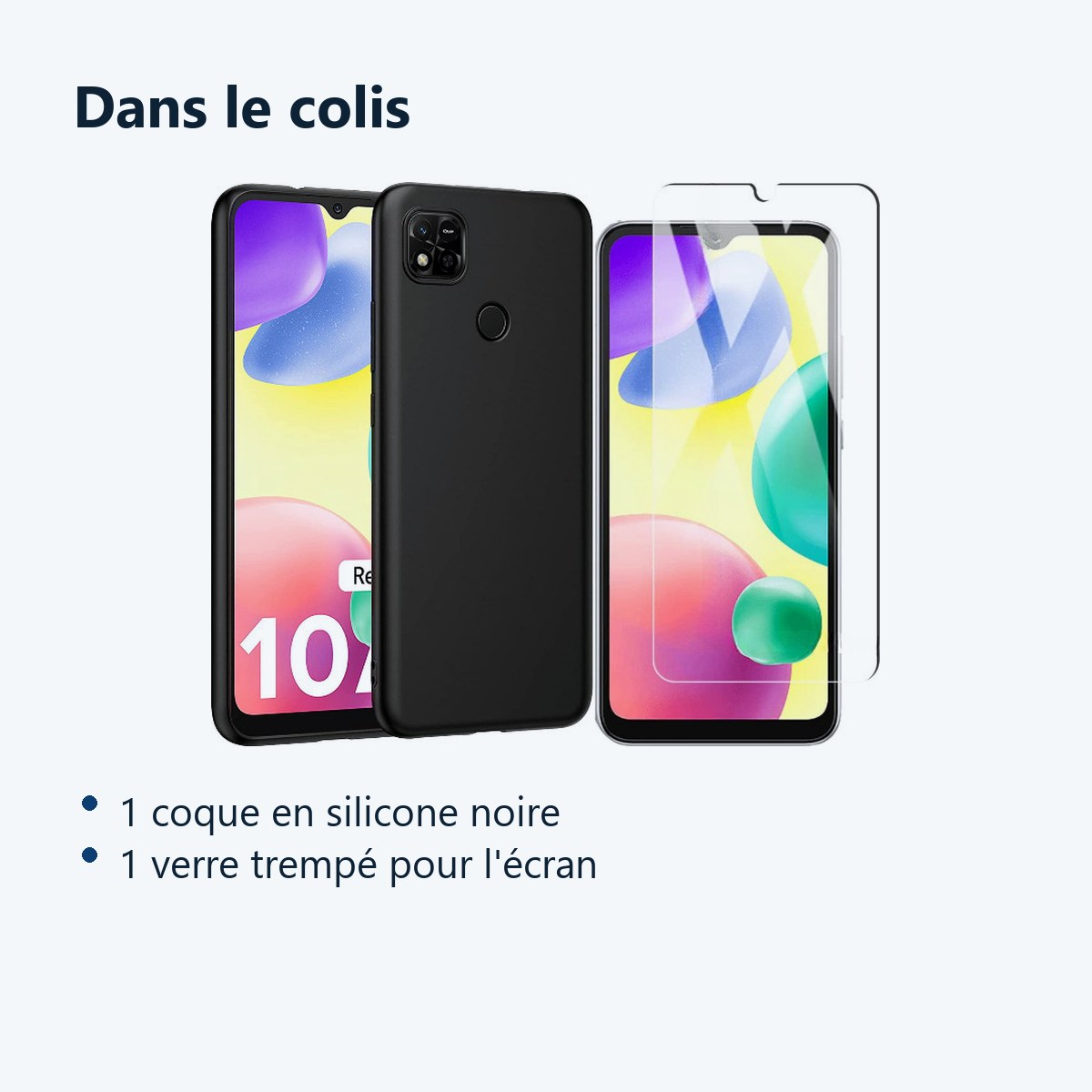 Contenu du colis – Coque Pour Xiaomi Redmi 10A Silicone Noir + Verre Trempe