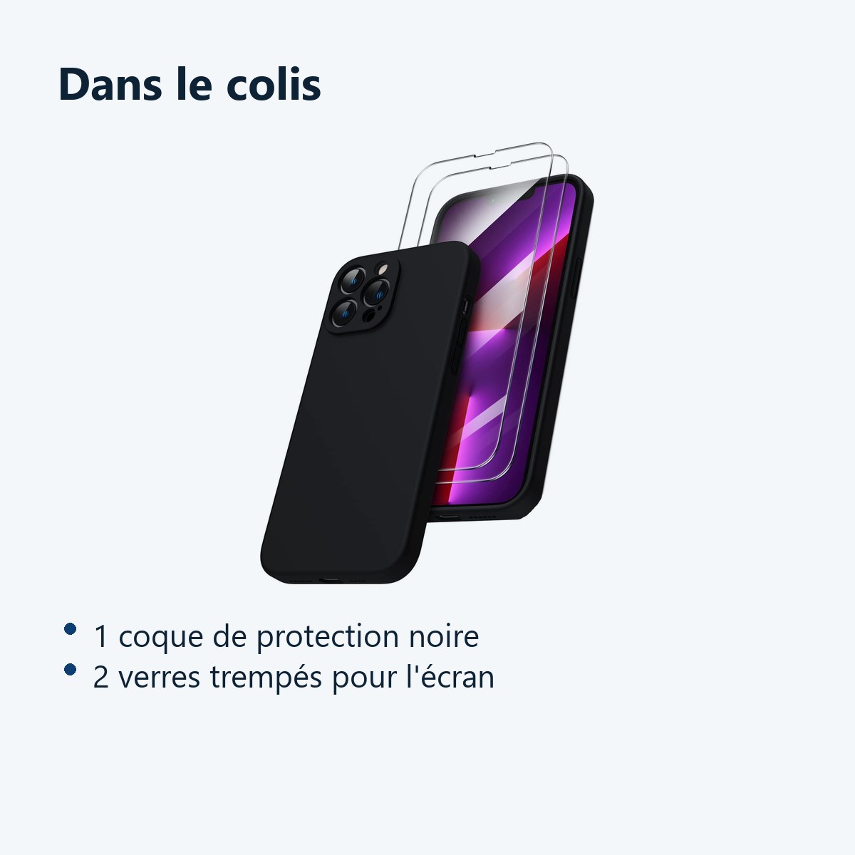 Contenu du colis – Coque Noir pour iPhone 13 Pro (6,1 pouces) et 2 Verres Trempé Film Protection Ecran