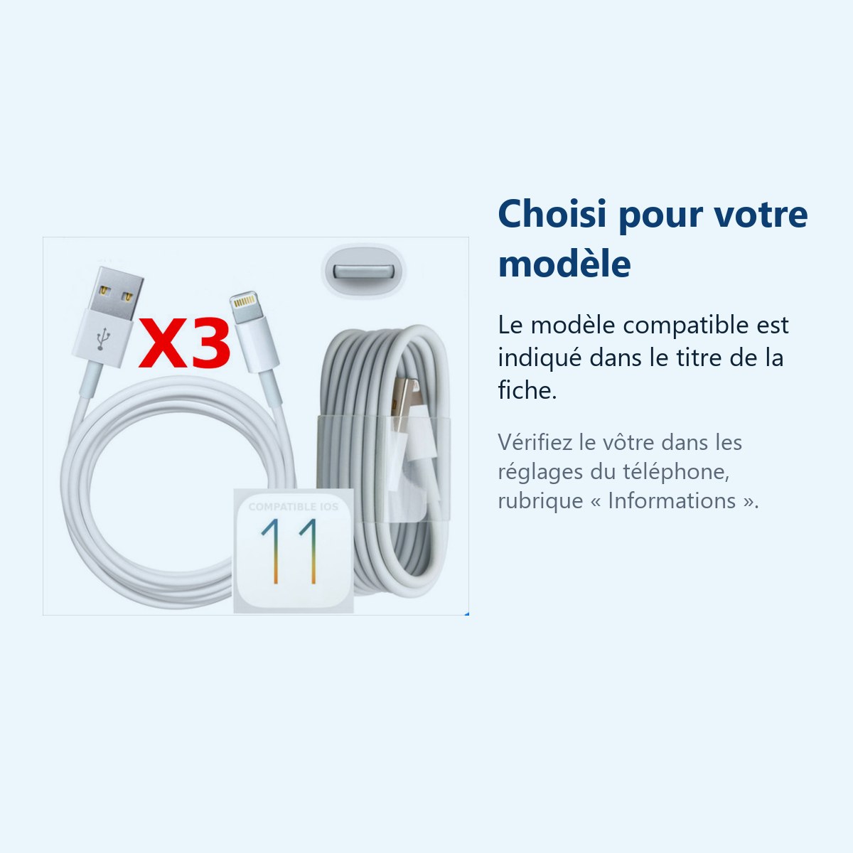 Accessoire ajusté au modèle exact – X3 Cable Usb pour Iphone 7 / 7Plus / 8 / 8Plus/ X PACK X3