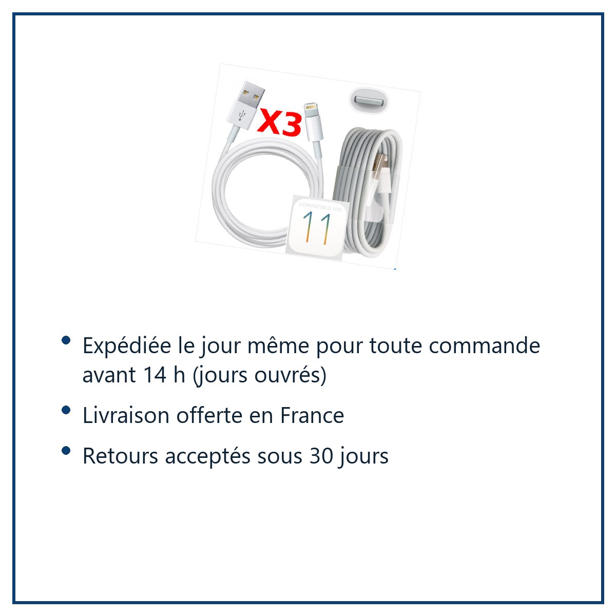 Expédition le jour même, livraison offerte, retours sous 30 jours – X3 Cable Usb pour Iphone 7 / 7Plus / 8 / 8Plus/ X PACK X
