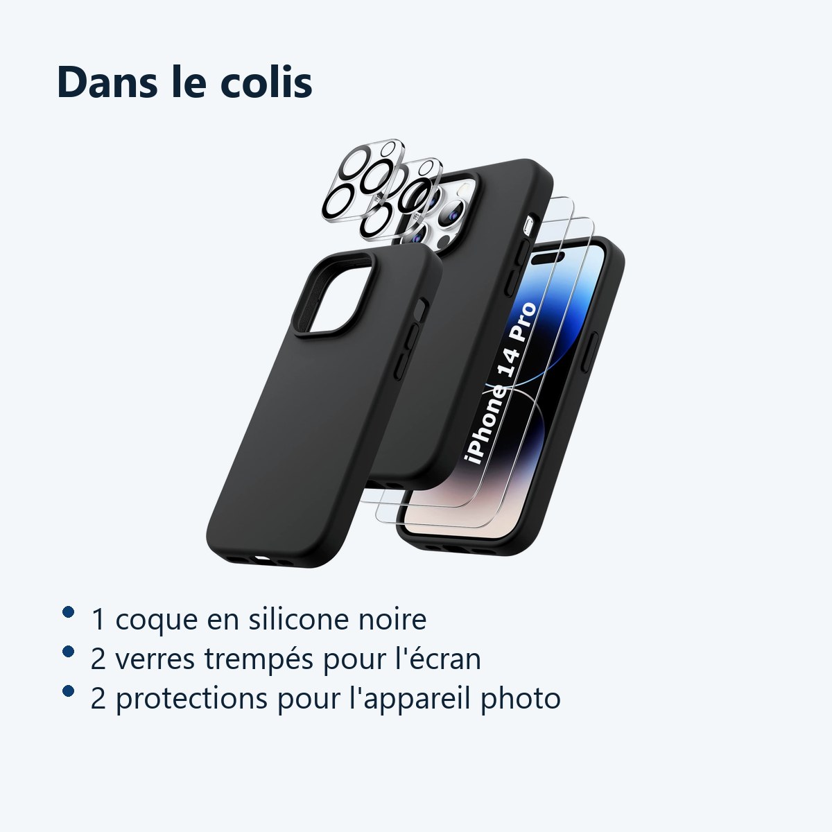 Contenu du colis – Coque Silicone Noir + Verres Trempes et Protections Camera Arriere X2 Pour iPhone 14 Pro