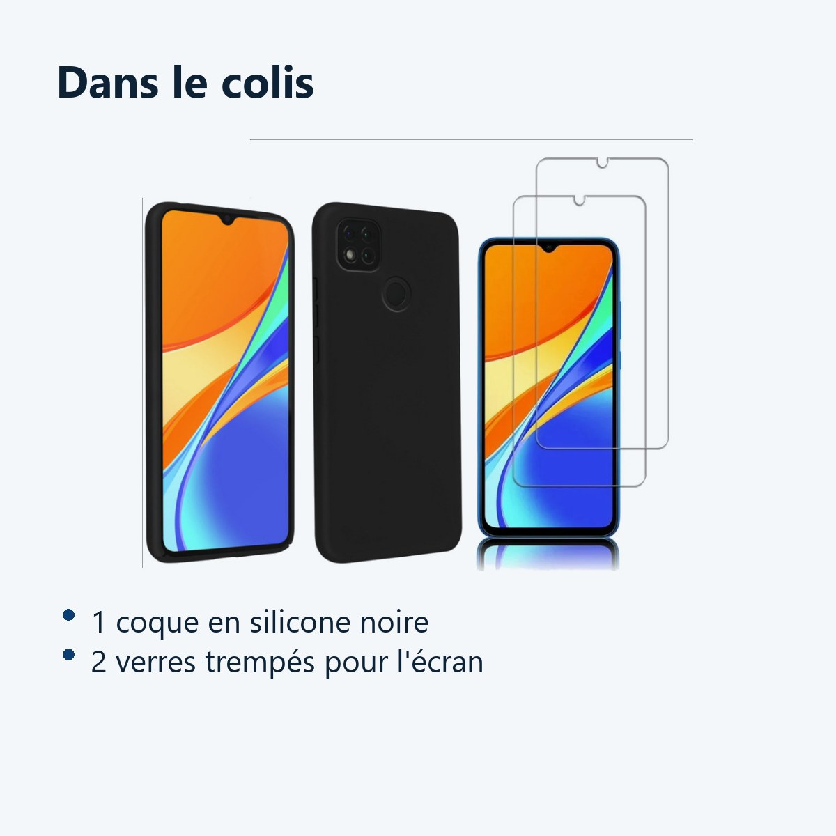 Contenu du colis – Coque Silicone Couleur Noir + 2 Verres Trempes Pour Xiaomi Redmi 9C / 9C NFC