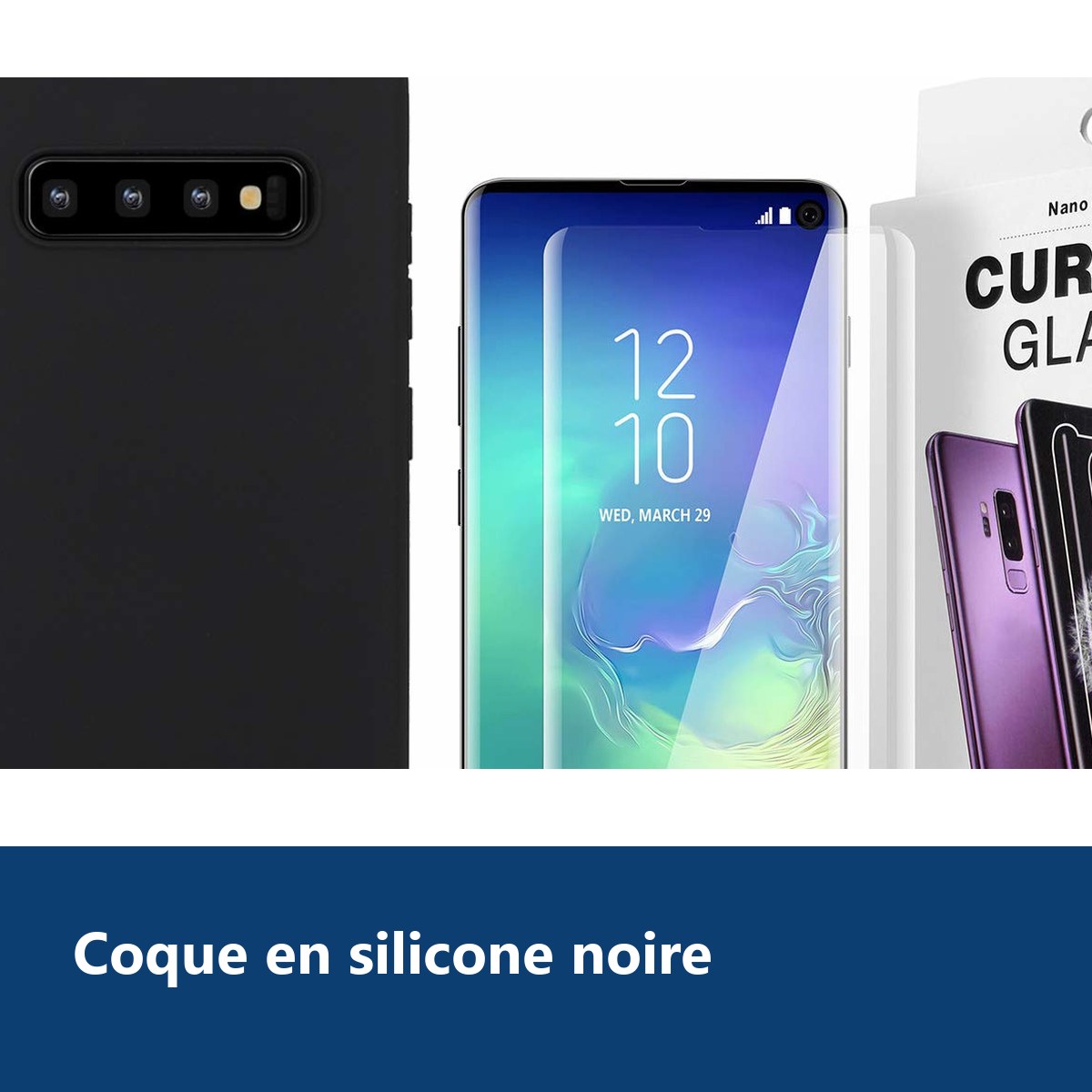 Vue de détail – Coque Souple Silicone Pour Samsung Galaxy S10 Plus Noir + Verre Trempé Anti chocs et Rayures Vitre de Protect