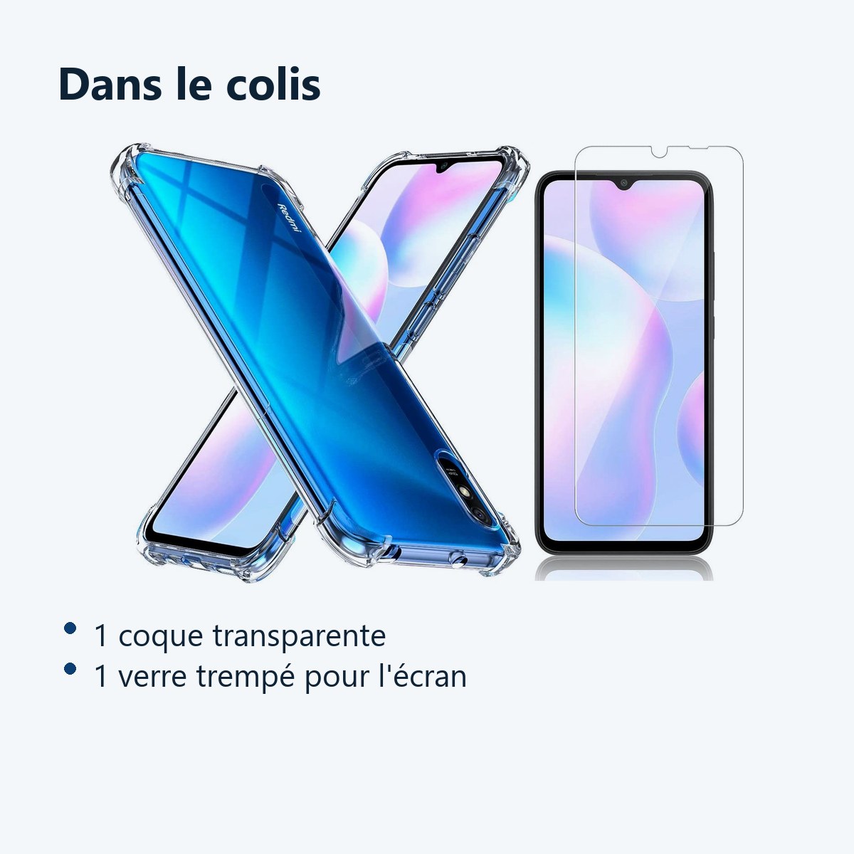 Contenu du colis – Coque Silicone Transparente Angles Renforces + Verre Trempe Pour Xiaomi Redmi 9A