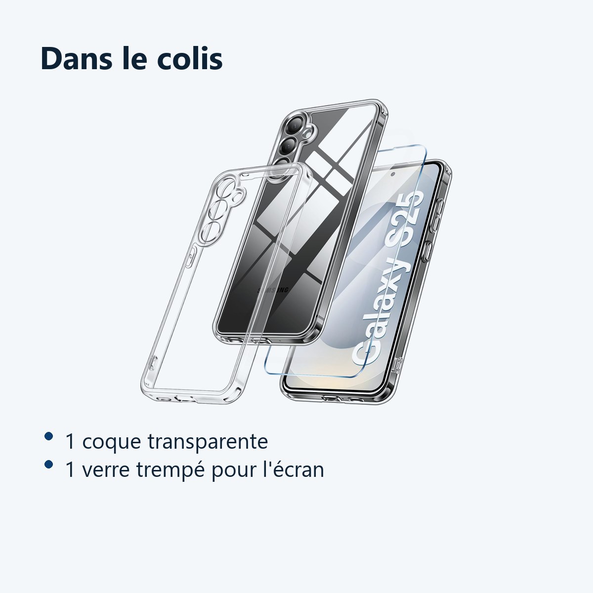 Contenu du colis – Coque Pour Samsung Galaxy S25 Silicone Transparente Angles Renforces + Verre Trempe