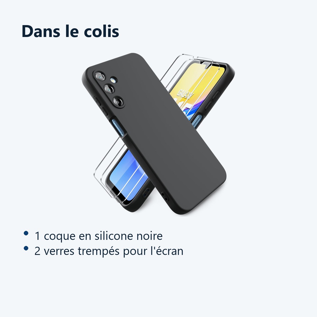 Contenu du colis – Coque Pour Samsung Galaxy A15 Silicone Noir + 2 Verres Trempes