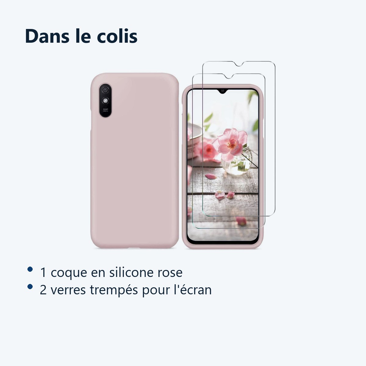 Contenu du colis – Coque Silicone Rose + 2 Verres Trempes Pour Xiaomi Redmi 9A