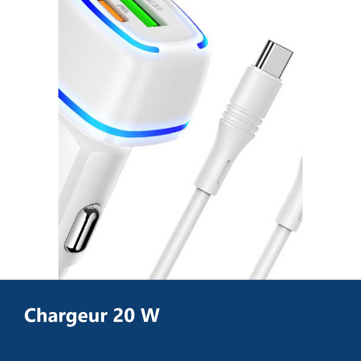 Vue de détail – Chargeur voiture USB + Type C - QC 3.0 PD 20W 3A pour Xiaomi / Oppo / Realme / Vivo