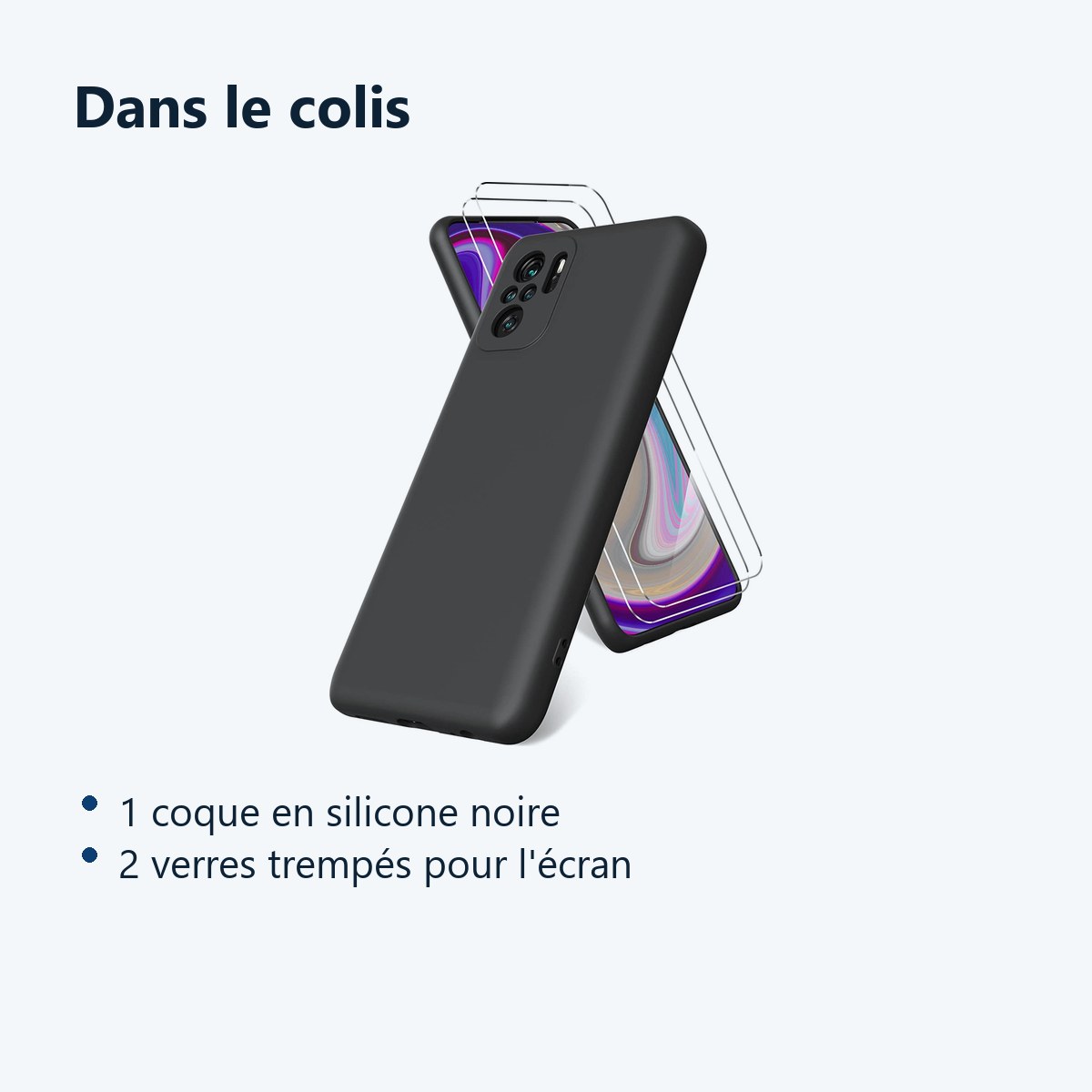 Contenu du colis – Coque Silicone Noir + 2 Verres Trempes Pour Xiaomi Redmi Note 10 4G / Note 10S