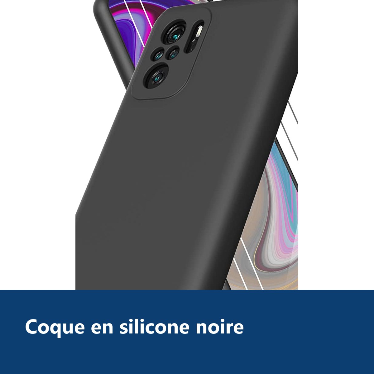 Vue de détail – Coque Silicone Noir + 2 Verres Trempes Pour Xiaomi Redmi Note 10 4G / Note 10S
