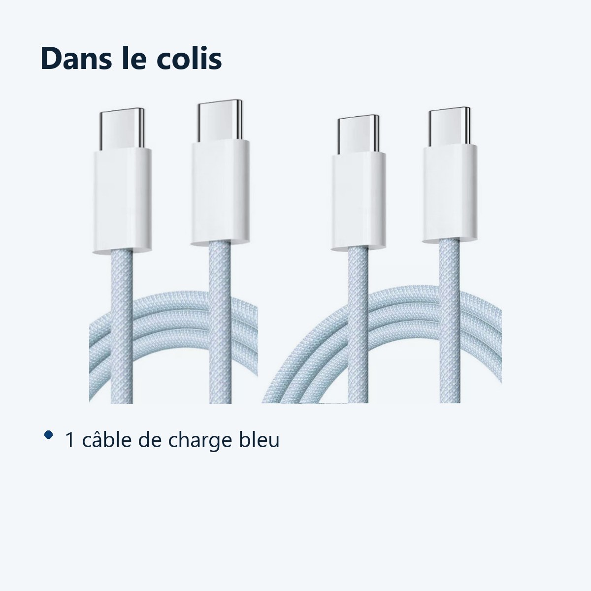 Contenu du colis – Cables X2 Type-C / Type-C Charge Rapide 3A Nylon Renforce Bleu 1M Pour Smartphone Xiaomi / Oppo / Vivo /