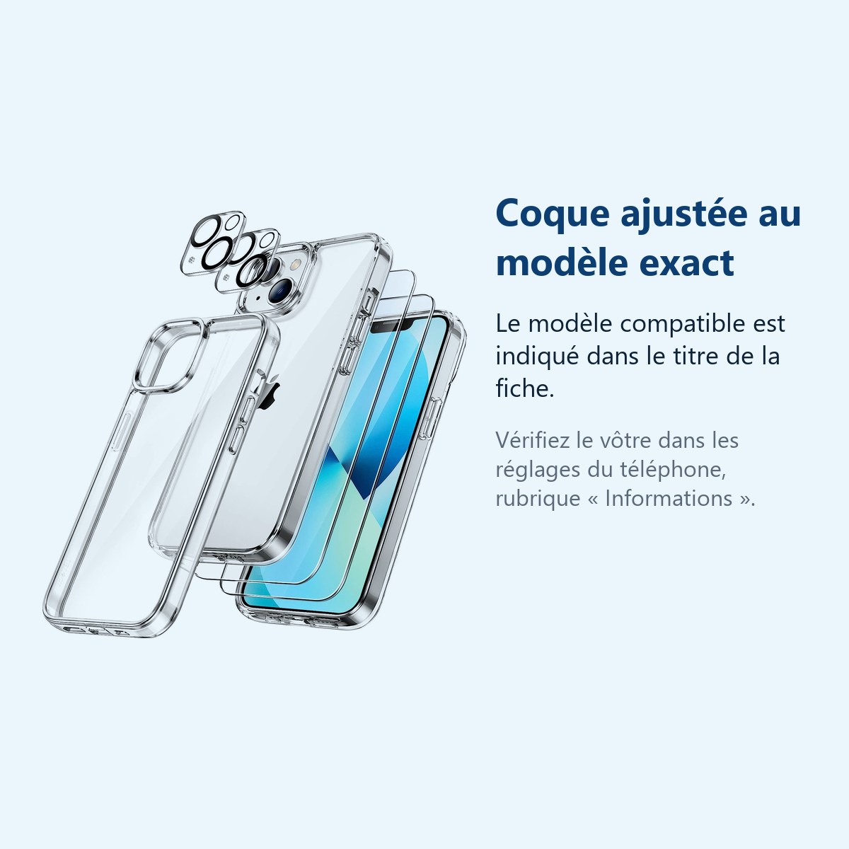 Accessoire ajusté au modèle exact – Coque Silicone Transparente + Verres Trempes et Protections Camera Arriere X2 Pour iPhone