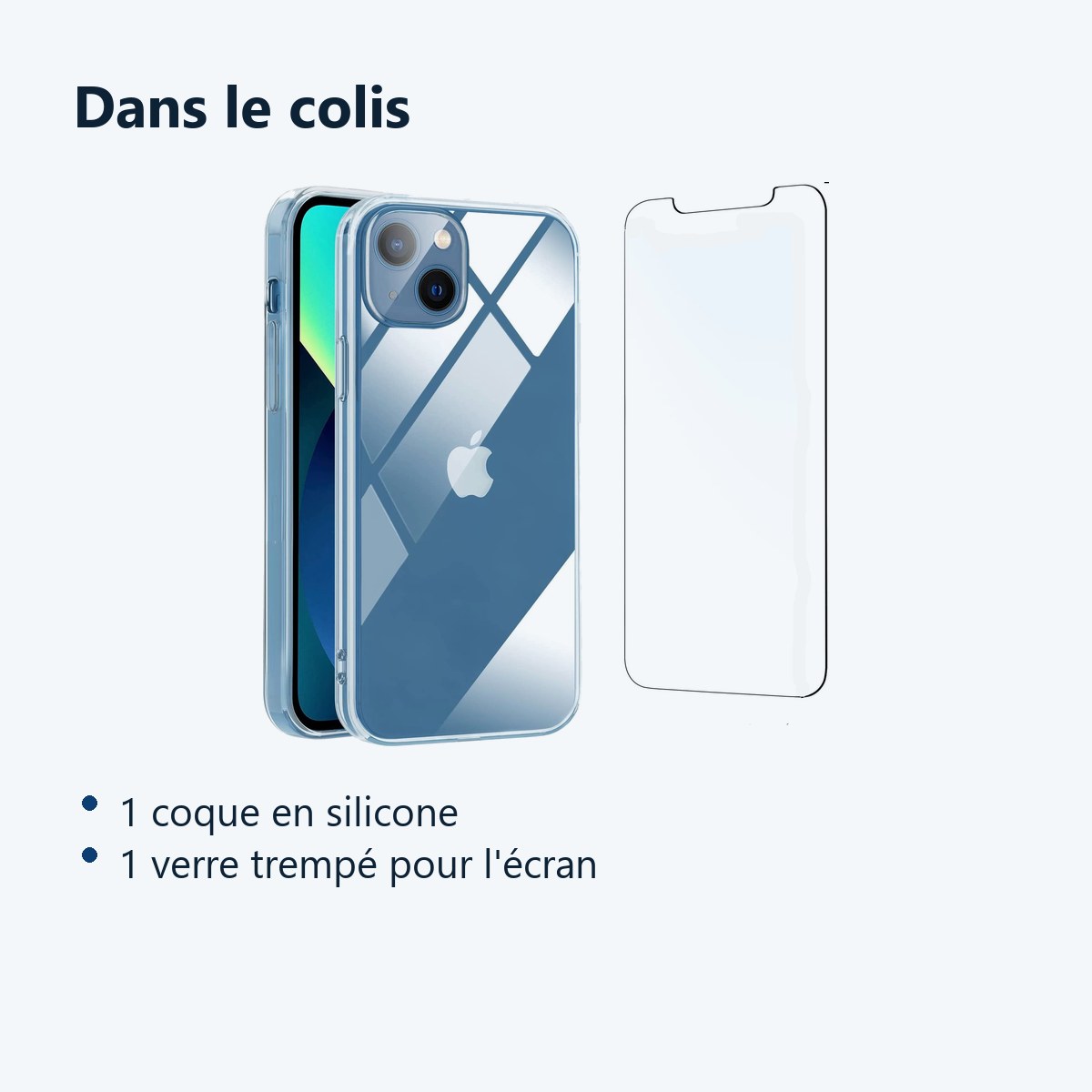 Contenu du colis – Coque Silicone Transparent Pour iPhone 13 + Verre Trempe
