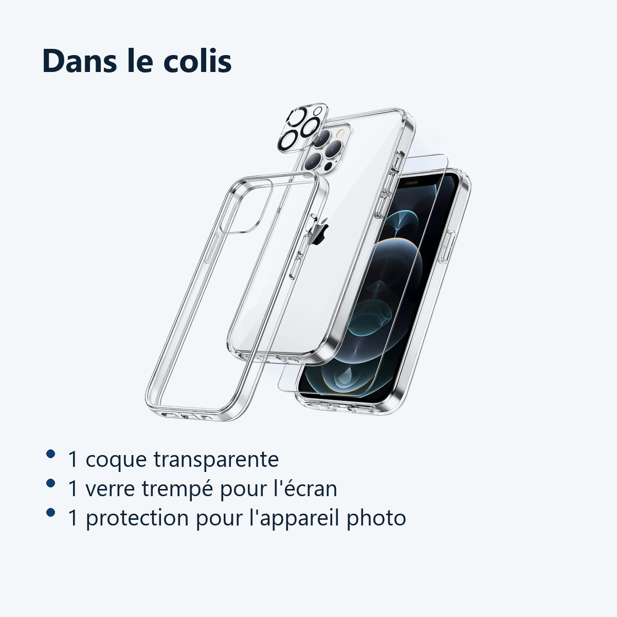 Contenu du colis – Coque Silicone Transparente + Verre Trempe et Protection Camera Arriere Pour iPhone 12 Pro