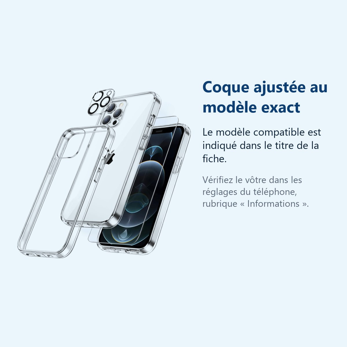 Accessoire ajusté au modèle exact – Coque Silicone Transparente + Verre Trempe et Protection Camera Arriere Pour iPhone 12 Pr