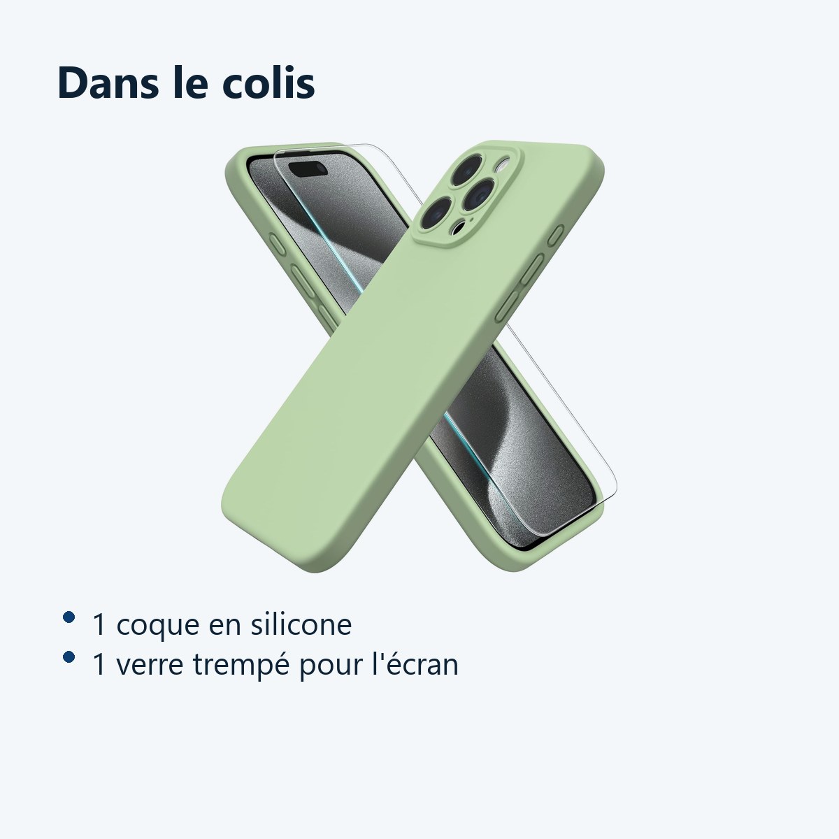 Contenu du colis – Coque Silicone Verte + Verre Trempe Pour iPhone 15 Pro