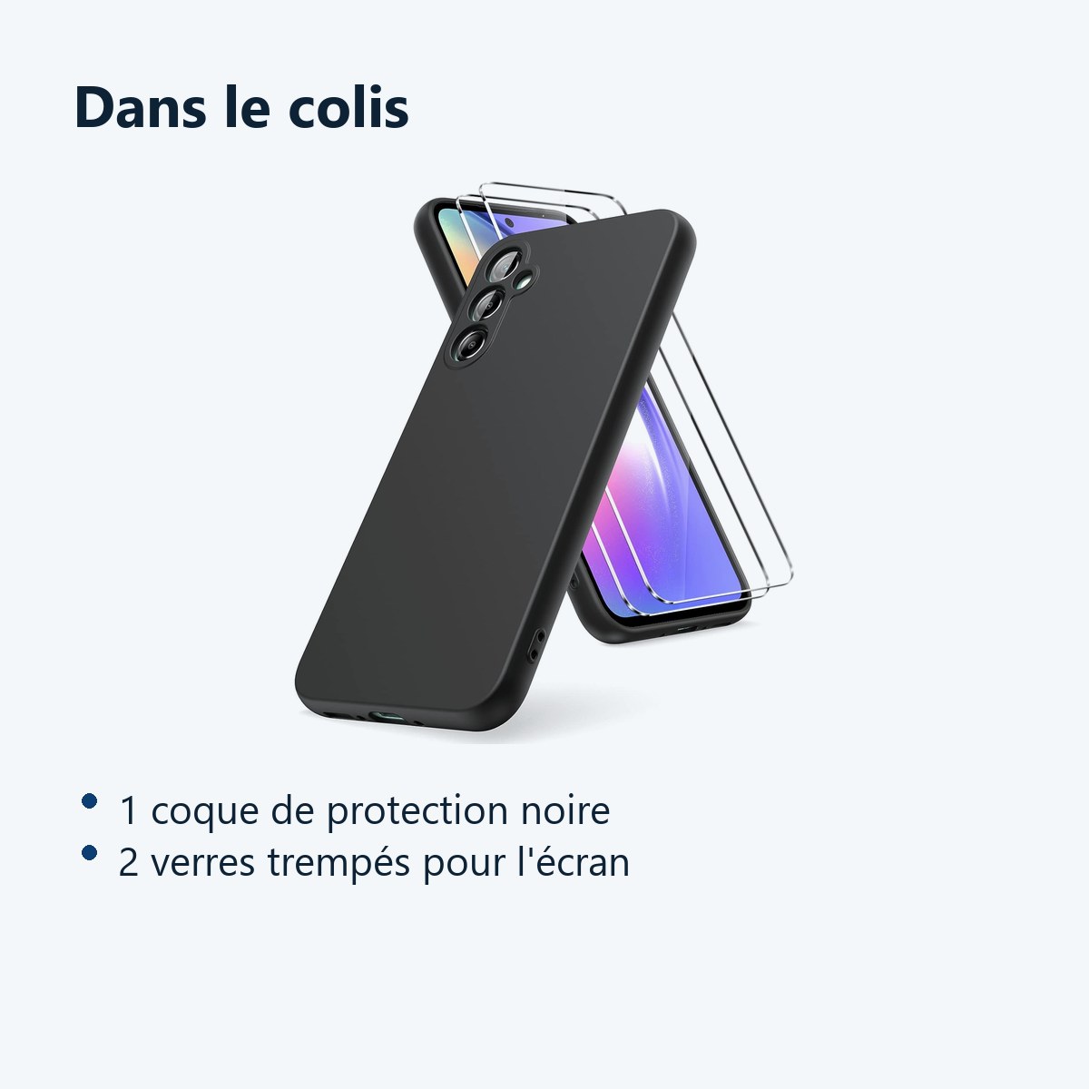 Contenu du colis – Coque Noir pour Samsung Galaxy A54 5G (6,4 pouces) et 2 Verres Trempé Film Protection Ecran