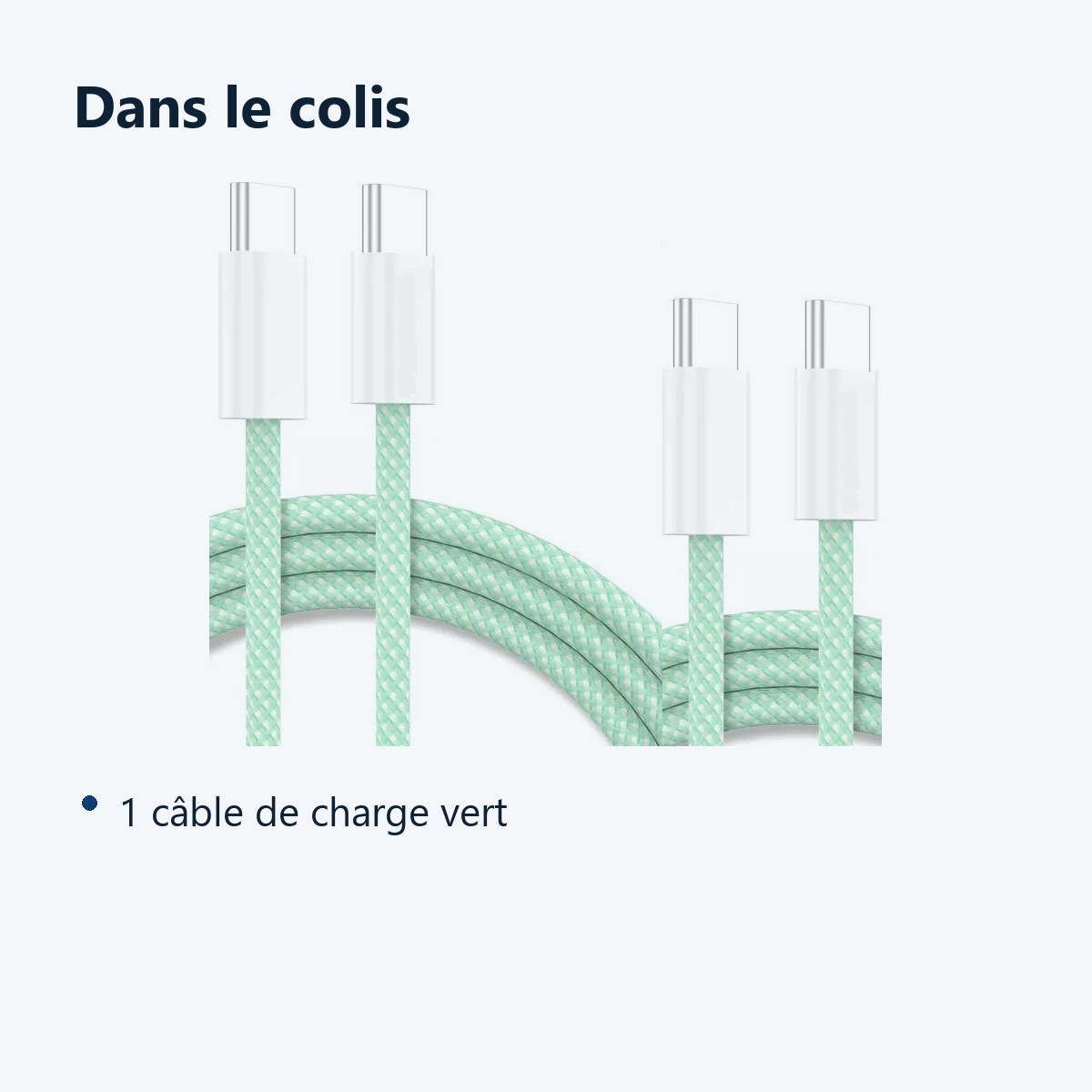 Contenu du colis – Cables X2 Type-C / Type-C Charge Rapide 3A Nylon Renforce Vert 1M Pour Smartphone Xiaomi / Oppo / Vivo / R